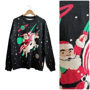 Tipsy Elves Men’s Santa Unicorn Ugly Christmas Crew Neck Sweater Size Large